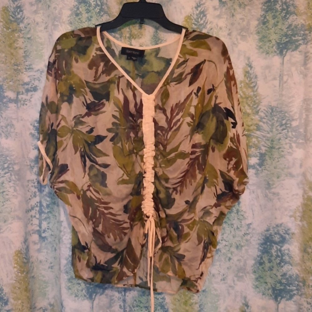 Karen Kane 100% Silk Green brown, cream Blouse shirt sheer scrunch tie  front